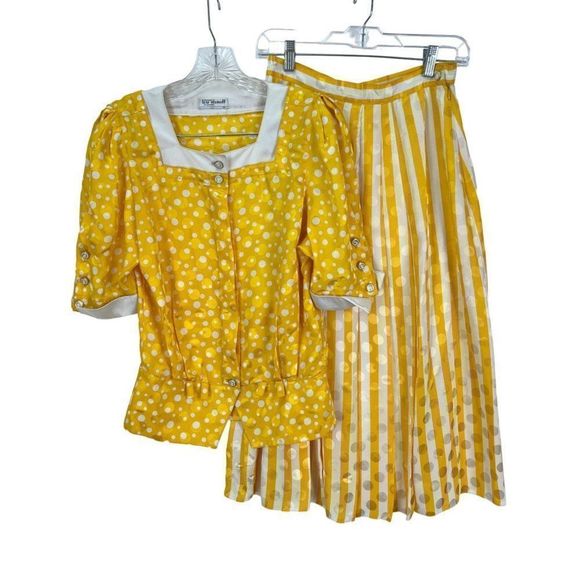 VTG Lutz Teutloff West Germany White Yellow Polka Dot Striped Blouse Skirt 36/8 - Picture 1 of 11
